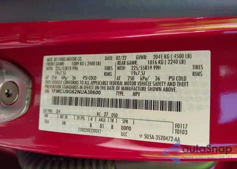 2022 Ford Escape Se z USA, uszkodzony, nr VIN 1FMCU9G62NUA30600